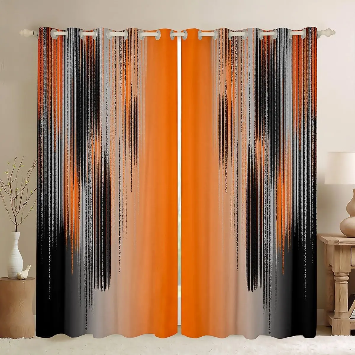 Orange and Black Gradual-Darkening Velvet Colorful Blocking Grommet Curtains, Modern-Art Inspired Bedroom Home Textile Window Treatments for Home Decoration, Colorful Curtains
