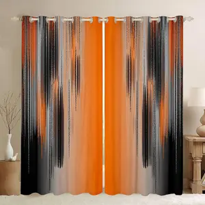 Orange and Black Gradual-Darkening Velvet Colorful Blocking Grommet Curtains, Modern-Art Inspired Bedroom Home Textile Window Treatments for Home Decoration, Colorful Curtains