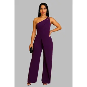 Goddess Draped One-Shoulder Jumpsuit – Purple, Mauve & Beige