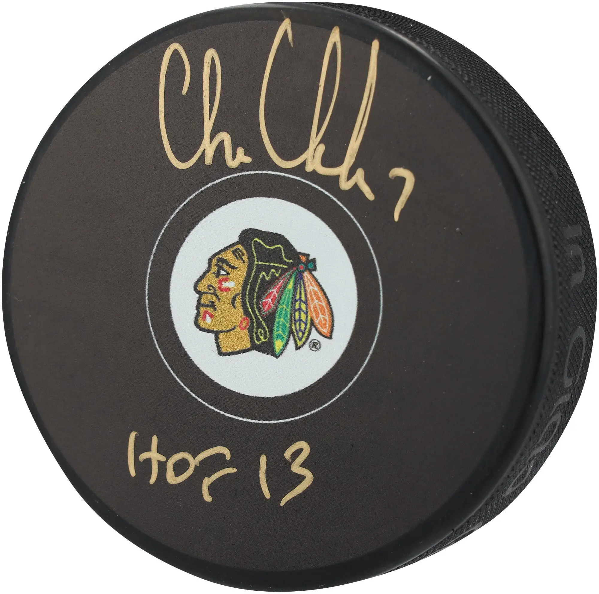 Chris Chelios Chicago Blackhawks Autographed Hockey Puck with "HOF 13" Inscription - Fanatics Authentic Certified
