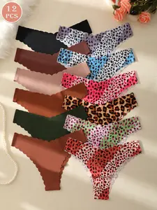 12 pairs of low-waist women's underwear, Scallop trim panties, Everyday wear panties, suitable for daily work activities in autumn and winter, available in leopard prints and solid colors, matching women's lingerie