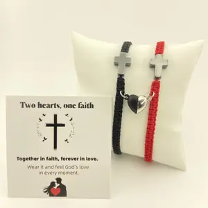 GODISS Couple's promise bracelets,Two Inspirational Christian Cross Bracelets,Magnetic Heart Jesus bracelet,Friendship bracelet-Red&Black Rope Braided Adjustable Design With Jesus Blessing Card,Christian Baptism&Valentine's Day＆boyfriend＆girlfriend Gift