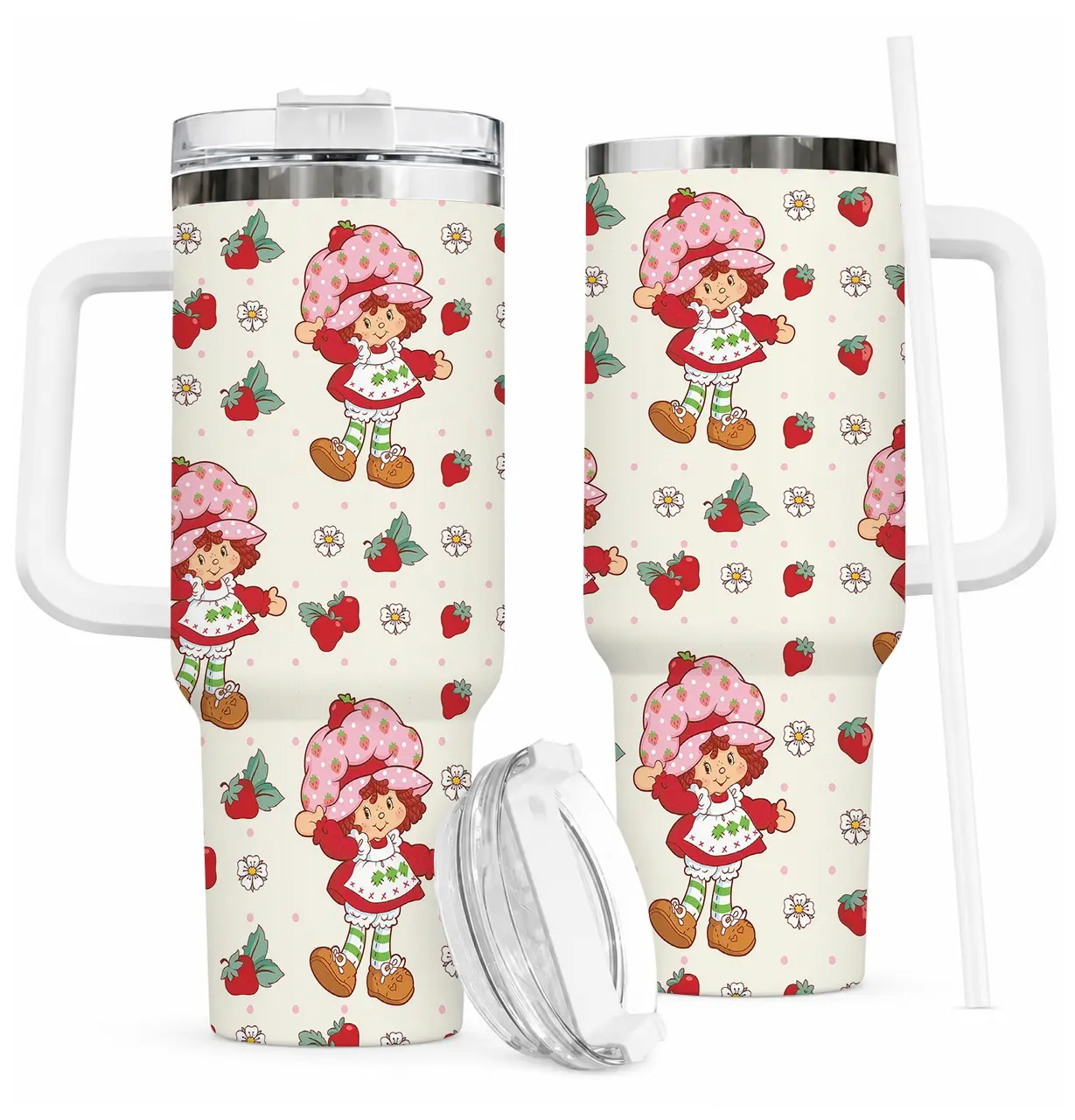 Strawberry Shortcake 40oz Tumbler, Vintage Retro Cartoon Insulated Travel Mug with Handle and Straw, Cute Strawberry Pattern Cup, Gift for Fans