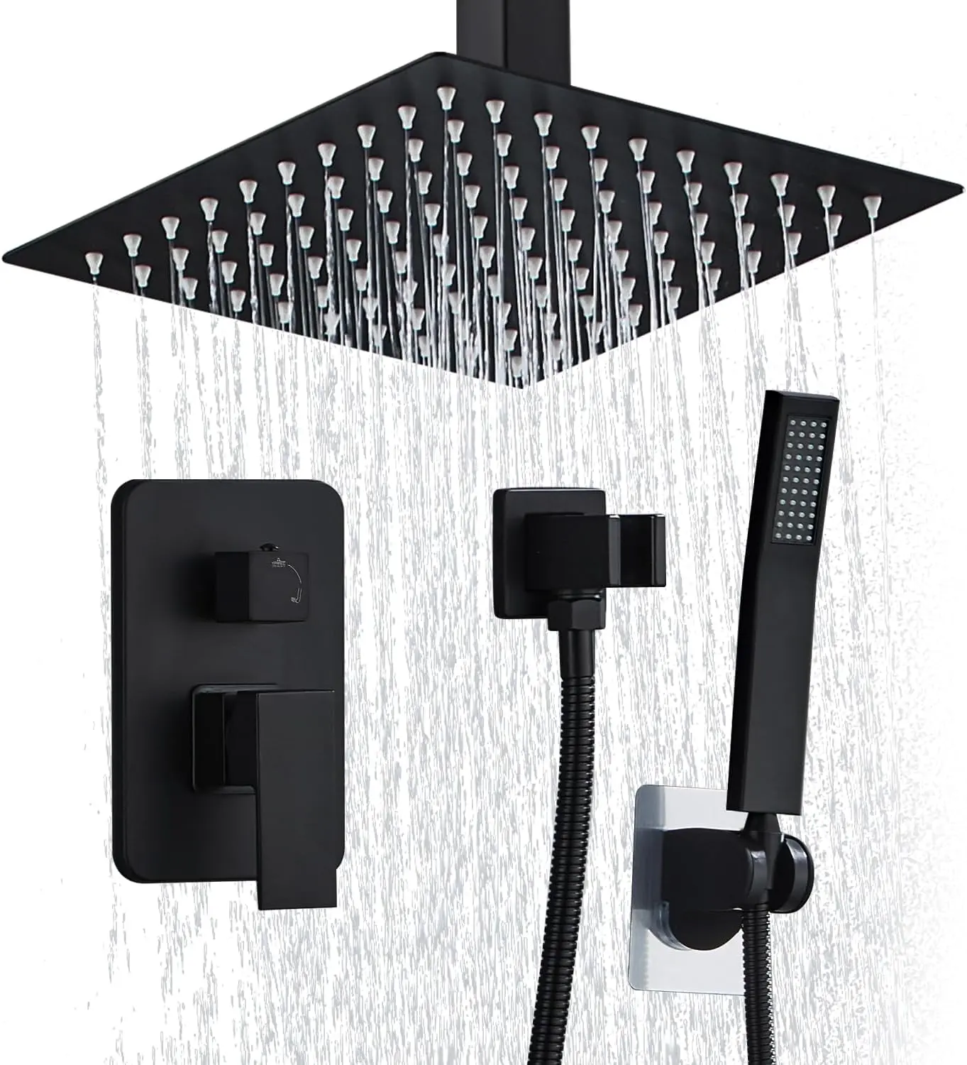 12 Inch Shower Faucet Set Ceiling Mount, High  Rainfall Shower System, Square Rain Shower Spray Combo Luxury Shower Fixtures Matte Black