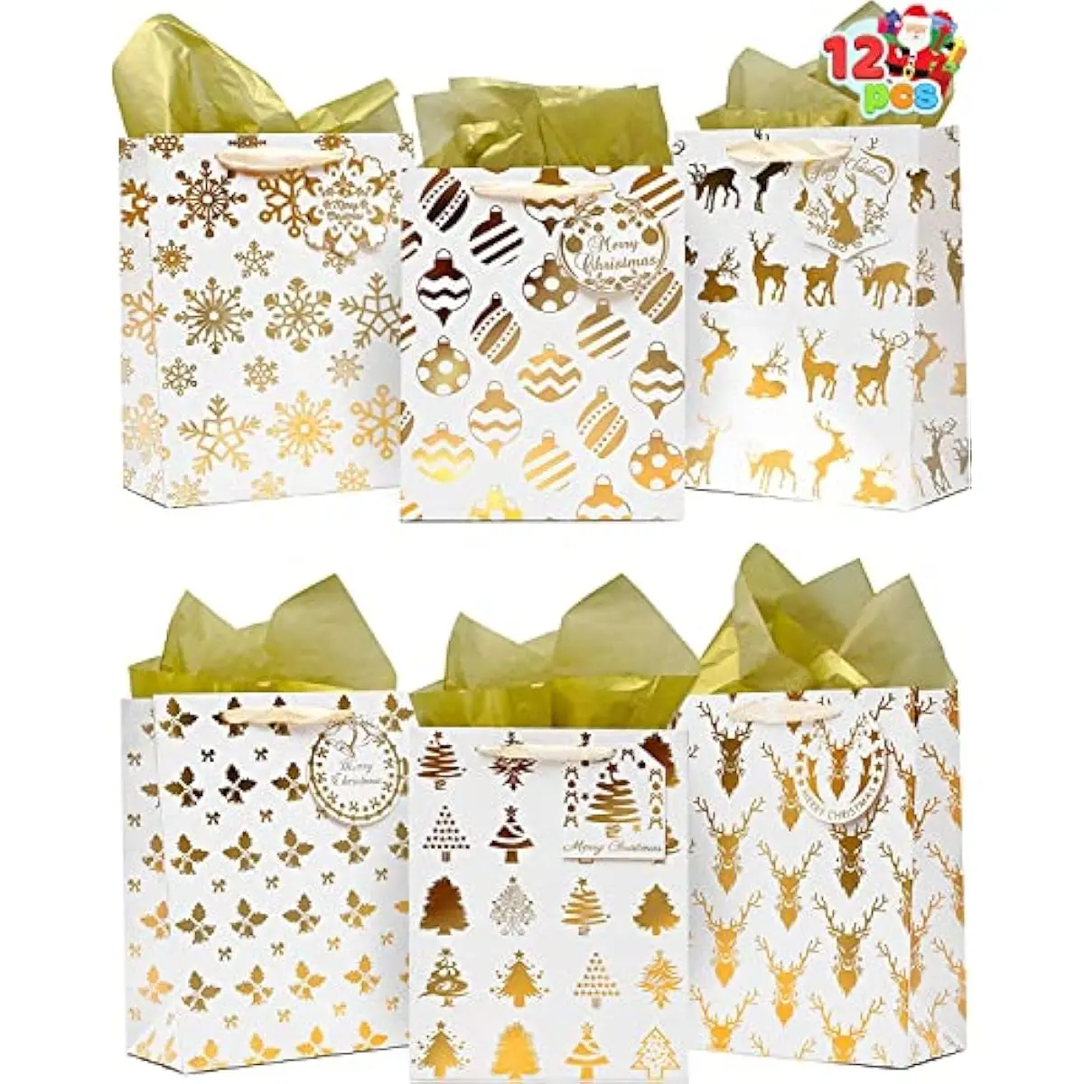 12 PCS Christmas Holiday Foil Gold Gift Bags with Tissue Papers and Name Card Tags; Assorted White Winter Prints for Party Favors Goody Bags, Xmas Presents and Wrapping Stocking Stuffers