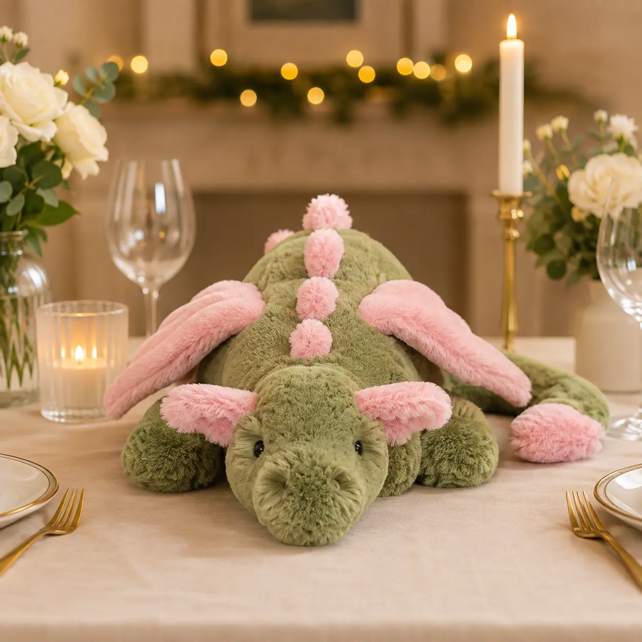 Green Dragon Plush 50cm  JELLYCAT– Soft Stuffed Animal with Pink Wings, Cute Dragon Plush Toy for Kids