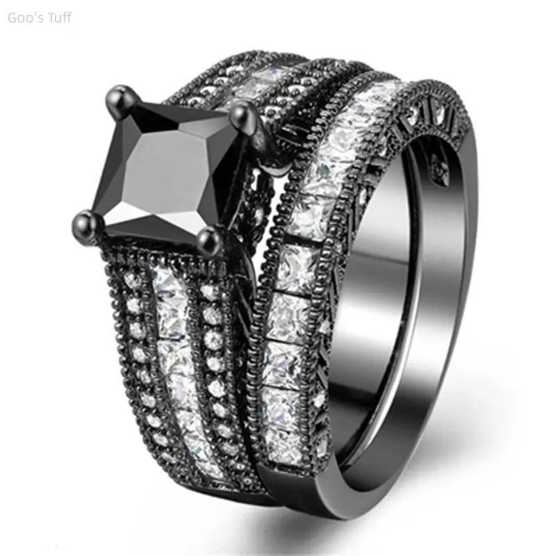 Women's Stackable Ring Set, Minimalist Black Metal Fashion Rings with Square Cubic Zirconia and Zircon Inlay for Everyday Wear, Dating, Female, Simple, Stacking