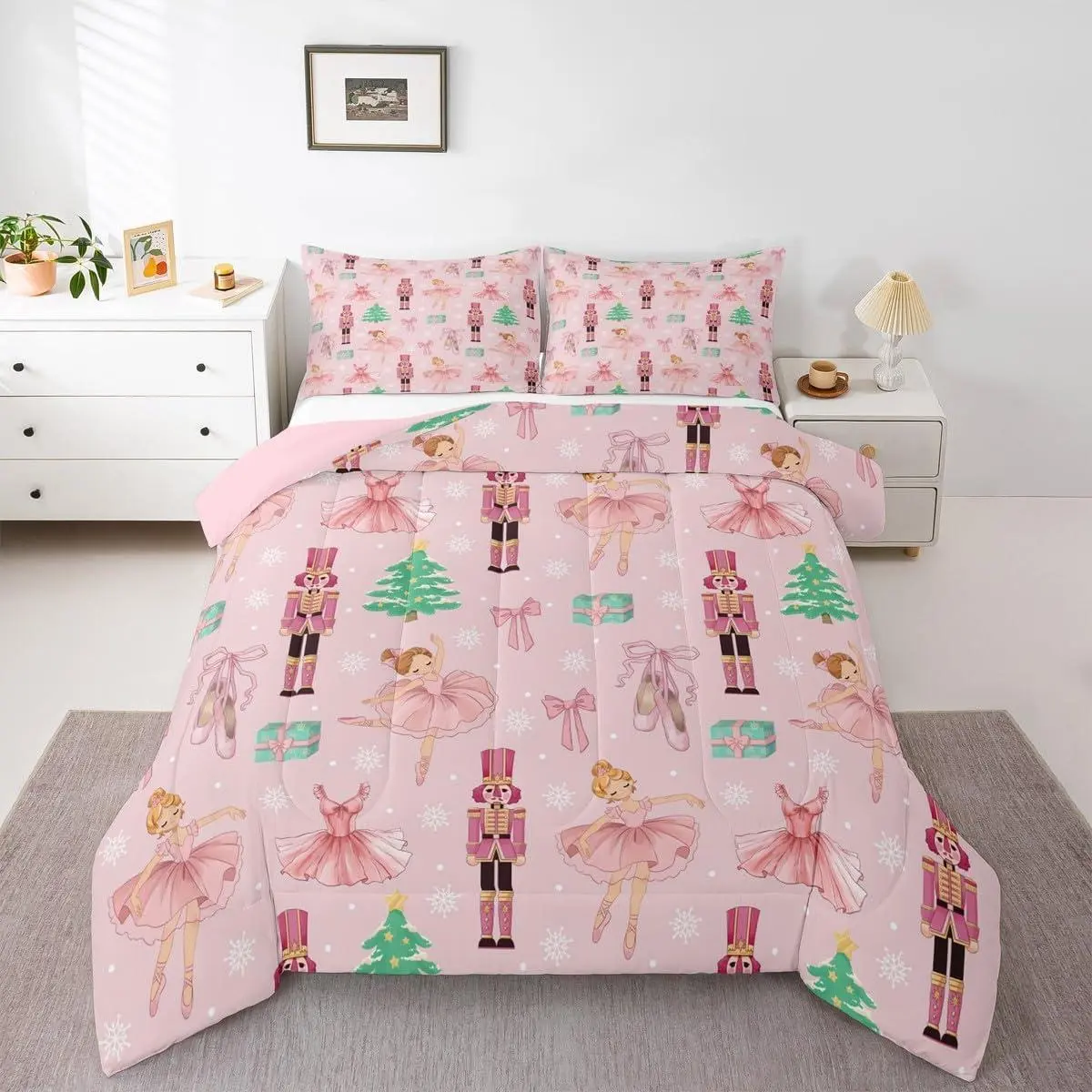 Nutcracker Comforter Set,Ballerina Princess Bedding Set,Green Christmas Tree Pink Bow Knot Down Comforter for Kids Girls Bedroom Decor,White Snowflakes Gifts Quilt