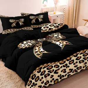 3pcs Fashion Leopard Bow Print Decorative Duvet Cover Set, 1 Duvet Cover + 2 Pillowcases (No Pillow Inserts), High-Definition Print For Home & Dorm, Dorm Essentials, Bedroom Set, Trendy Design, Machine Washable