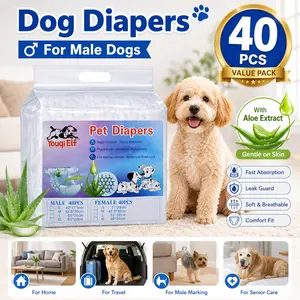 Youqi Elf Male Dog Diapers, 40 Count, Leak-Proof Puppy Diapers with Aloe Vera Infused Core, Gentle Balanced, Odor Control, S-XL size