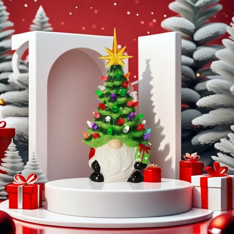 Artificial Christmas Tree, Lighted Gnome Christmas Tree with Multiple Colored Lights - Small Mini Pre-Assembled Christmas Holiday Decorations for Desktop