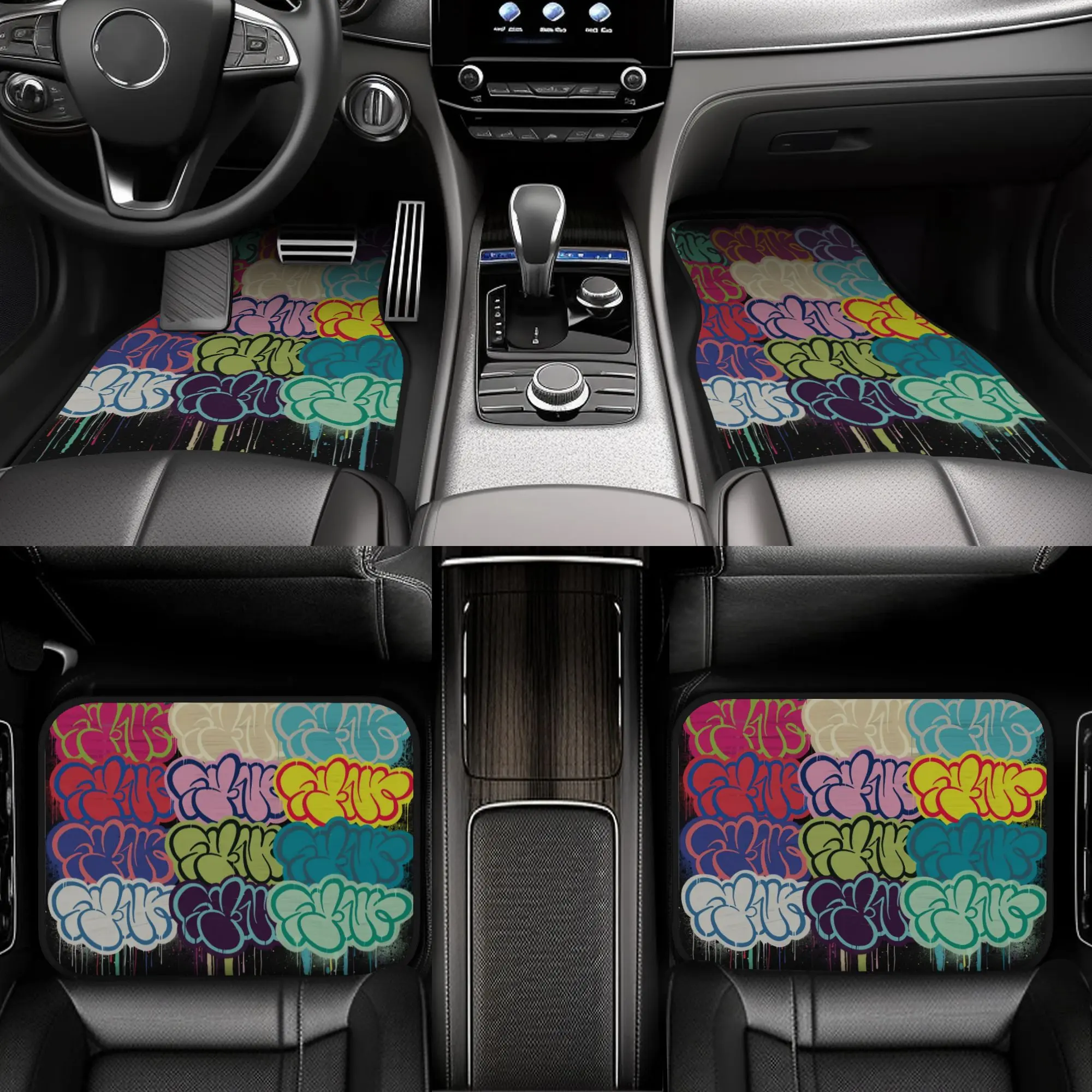 4pcs Synr Throwie Rinse graffiti-style car floor mat set, including a four-piece set that fully covers the front and rear seat areas, perfectly matching the interiors of modern and classic models, Car Interior Accessory, Car Accessories