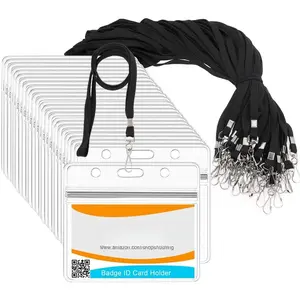 50 count Clear Plastic Horizontal Name Tags Badge ID Card Holders and 50 count Flat  Lanyards with Swivel Hook