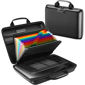 Fireproof Document Box, Hard Case Fireproof File Organizer with Lock and 13 Pocket Accordion File Folder, Portable Safe Box for  Office Travel to Storage Important Documents Laptop Black