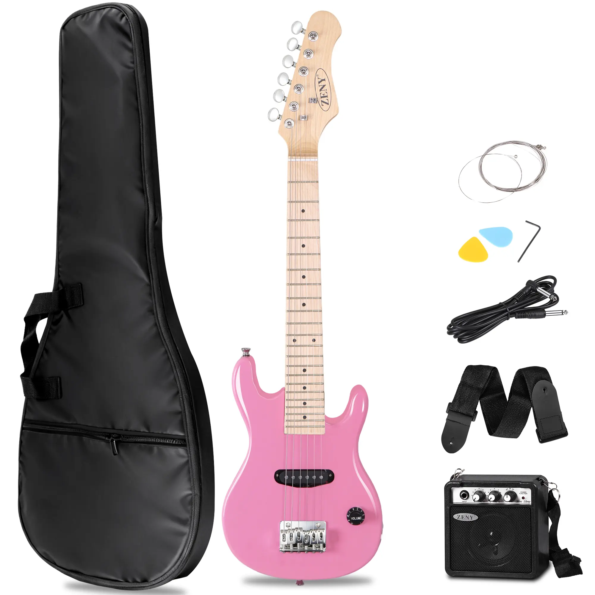 Zeny 30-in 3/4 Size Right-Handed Kids Beginner Electric Guitar Complete Kit - Pink, Basswood Body, Fingerboard, Mini Headphone Amplifier, Strap & Portable Accessories