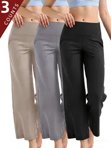 3PCS Pure Color Fleece Yoga Pants, High-Waisted Straight-Leg Jumpsuit Style Minimalist Bottoms Everyday Pants Womenswear Basic