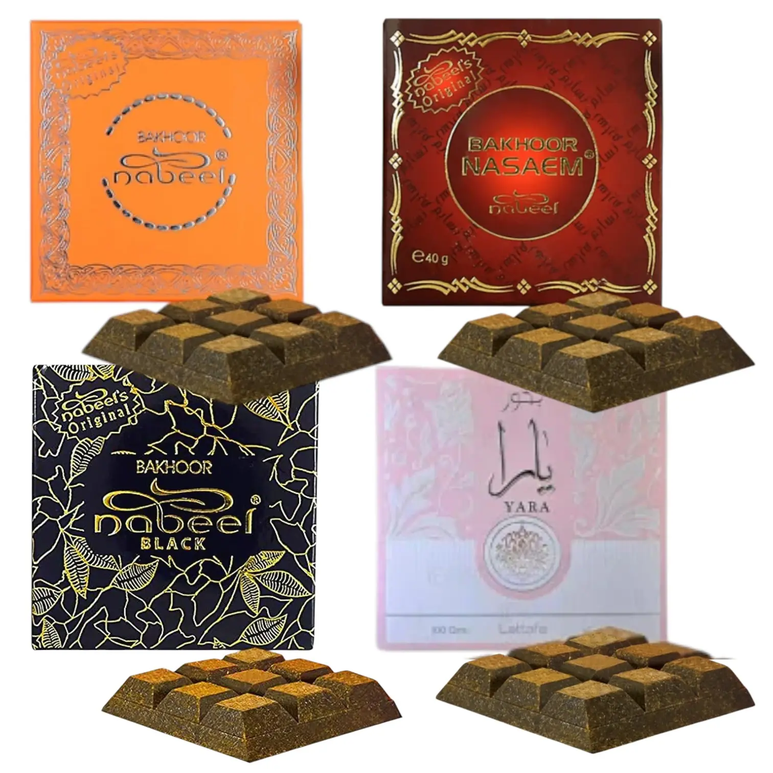 Nabeel Unisex Incense Bakhoor Bundle - 4 Items (Ard Al Zaafaran, Nabeel, Yara, Burner) - 40g Each, Home Freshener, Selfcare Aroma Scent, 24 Months Shelf Life