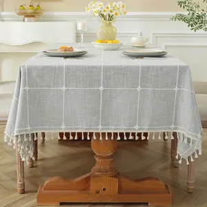 Rectangle Table Cloth Heavy Duty Cotton Linen Waterproof Tablecloths Farmhouse Tablecloth Soft and Wrinkle Free Table Cover with Tassels Square 55''x55'' Grey Gingham