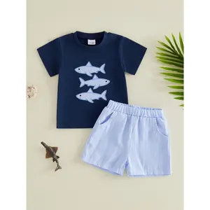 Toddler Baby Boy Summer Outfits Shark Applique Short Sleeve T-shirts and Striped Shorts 2 Piece Casual Set