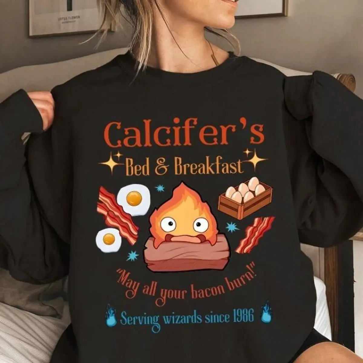 Studio Ghiibli Calcifer Sweatshirt, May All Your Bacon Burn Hoodie, A Heart's A Heavy, Howls Moving Castle Shirt, Unisex Sweater Pullover Tee