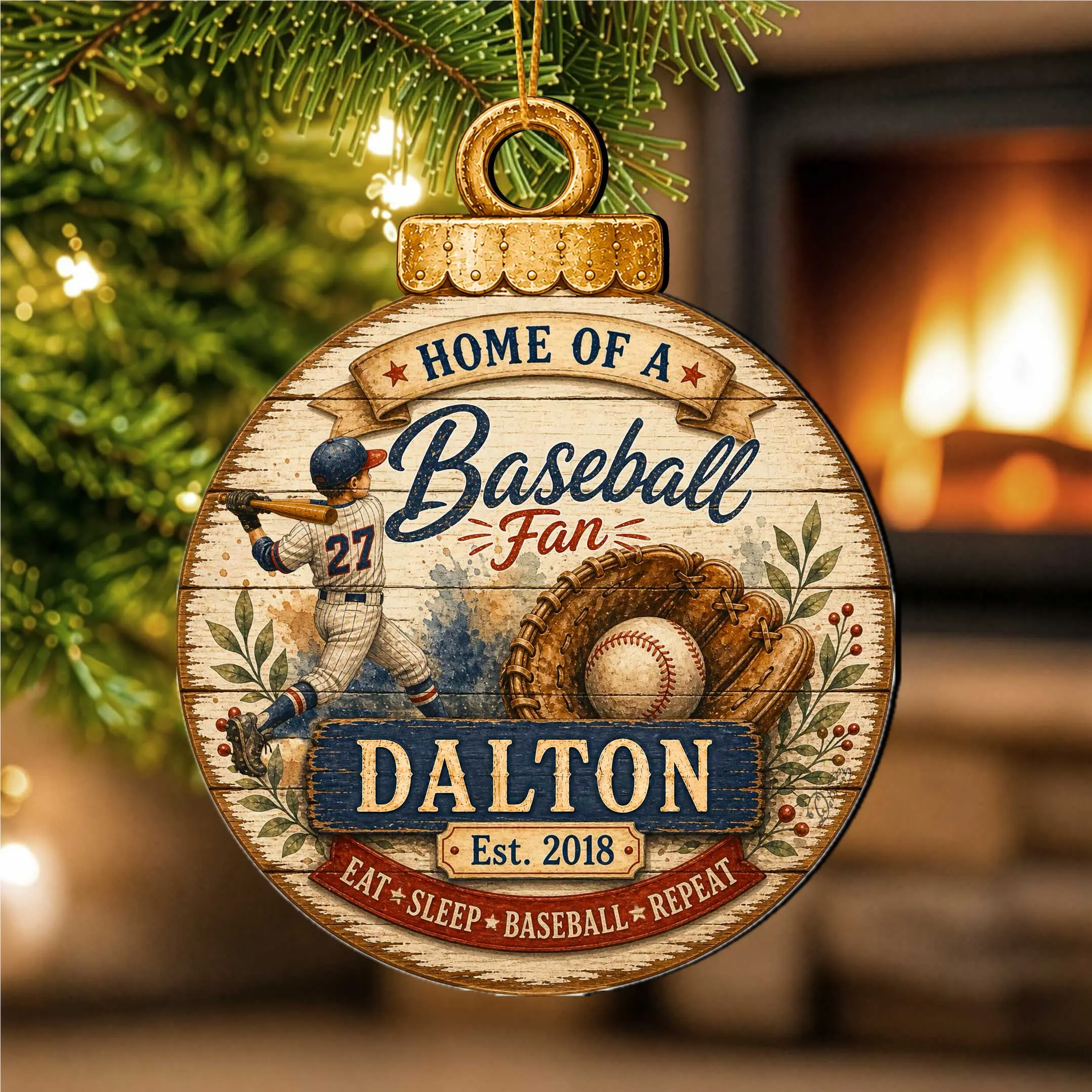 Personalized Baseball Ornament – Custom Baseball Fan Christmas Ornament – Rustic Sports Tree Decor by G. Debrekht - 8652877