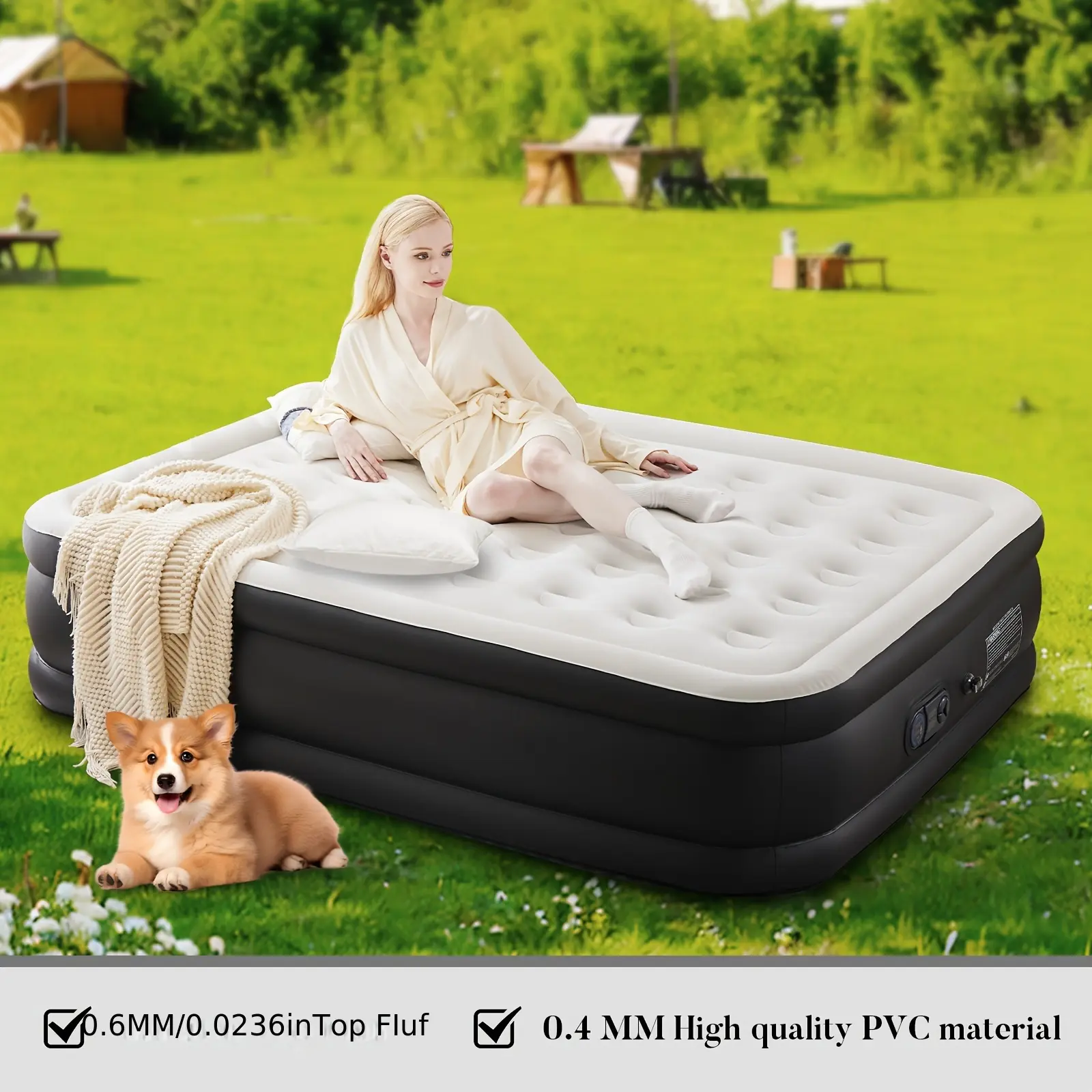 Outdoor Inflatable Mattress Airbed with Built-In Pump for Camping Home 21 18 16 Inch Thick Double Height Blow Up Bed 660 Lbs Capacity Non-Slip Bottom