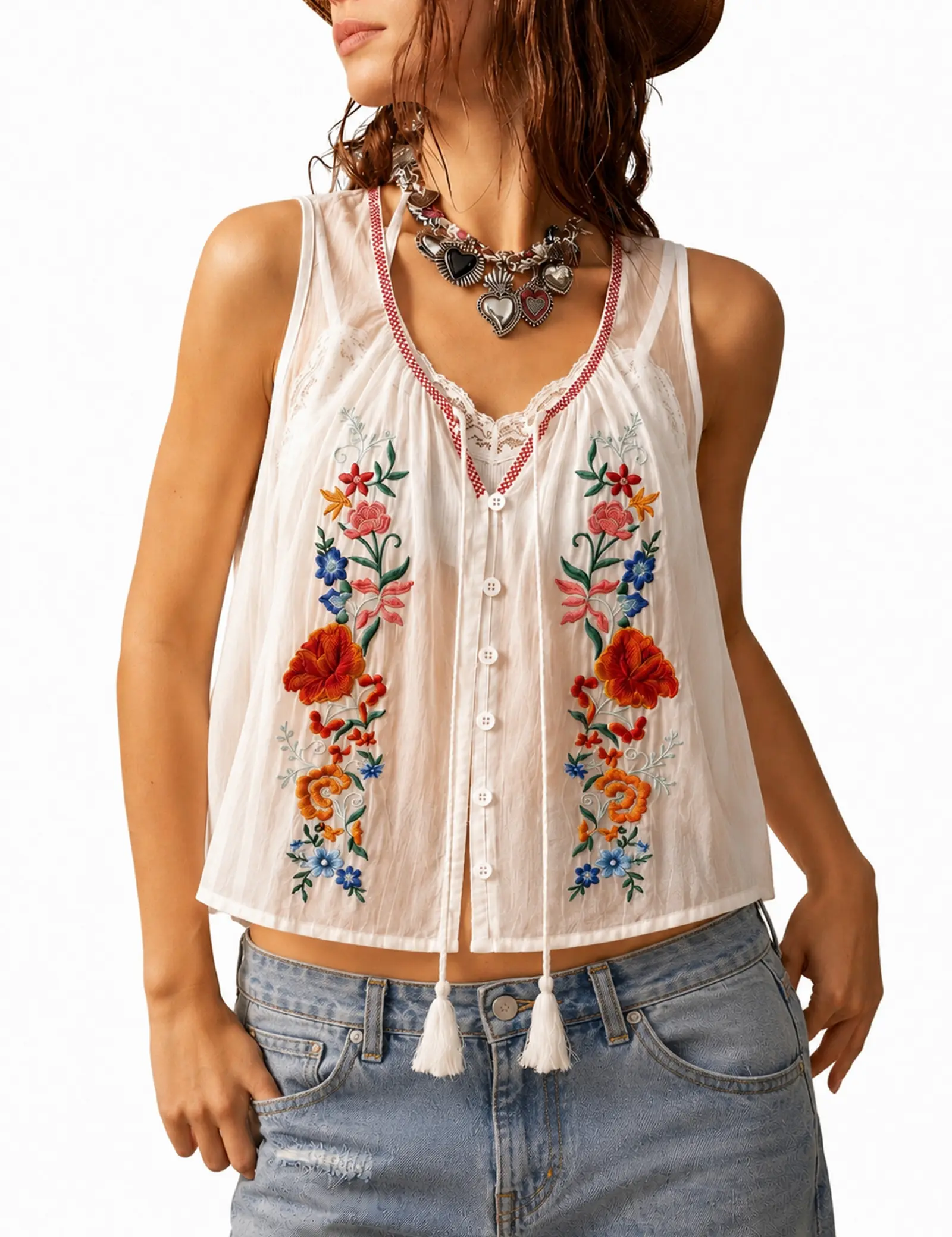 Women's Floral Embroidered Tops Y2K Sleeveless Scoop Neck Button Down Tank Top Summer Graphic Going Out Top cami spaghetti strap