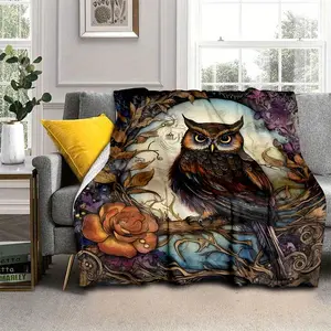 1pc Retro Owl Thin Blanket - Lightweight Flannel Throw For Sofa, Bed, Travel, Camping, Livingroom, Office, Couch, Chair, And Bed - Digital Printing Fleece Blanket With Soft And Warm Flannel Fabric