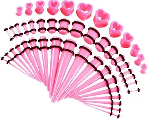 48 PCS Acrylic Gauge Kit Tapers Heart Tunnels Plug 14G-0000G Ear Stretching Set - PINK