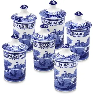Blue Italian Set of 6 Spice Jars, Fillable Containers for Mixed Herbs, Parsley, Peppercorn, Cinnamon, Rosemary, Basil