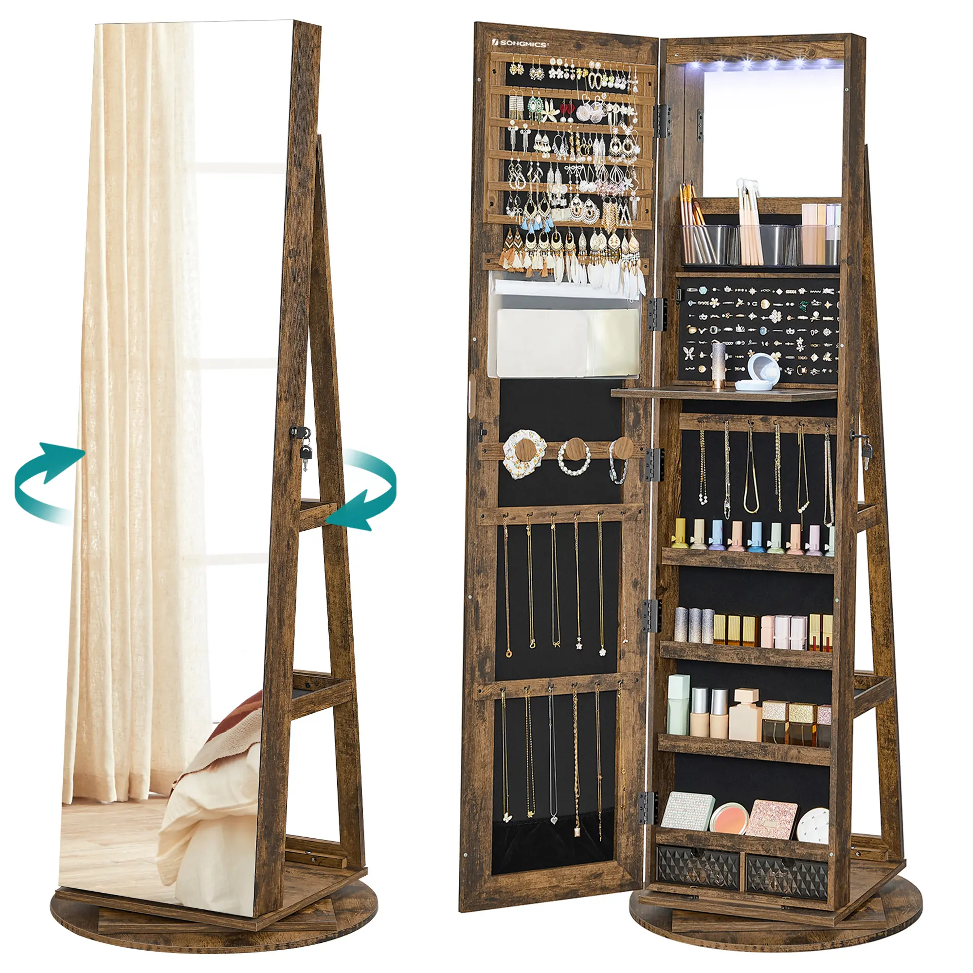 【Holiday Haul】SONGMICS LEDs Lockable Jewelry Mirror Cabinet,Standing Jewelry Armoire,, Frameless Full-Length Mirror, 3 Storage Shelves Gift Idea