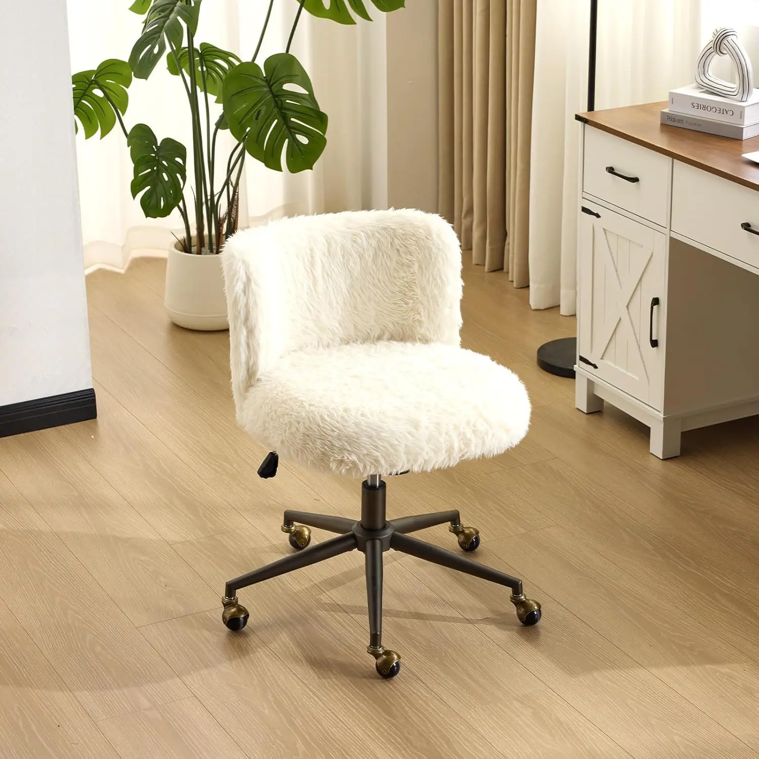 VINGLI Plush Upholstery Vanity Desk Chair - Curved Back, 90-102° Tilt, Adjustable Height, Cute Rolling Chair with Bronze Base, Golden-Bronze 360° Swivel Wheels for Makeup, Home Office, White Cream