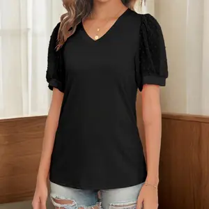 Womens Summer Tops V Neck T Shirts Swiss Dot Puff Sleeve Tops Loose Casual Tshirts