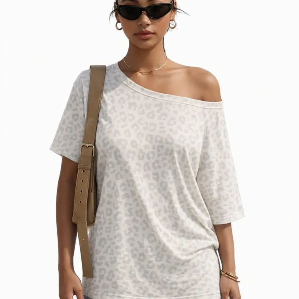 Y2K Leopard Print Off Shoulder Tee for Women, Loose Casual Summer Short Sleeve Top