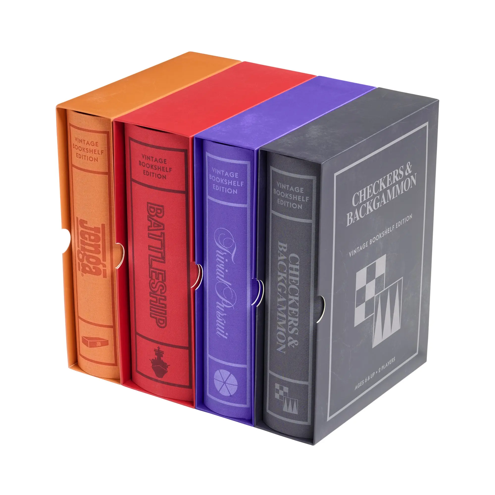 WS Game Company Battleship, Trivial Pursuit, Jenga, and Checkers & Backgammon Vintage Bookshelf Board Game Collection