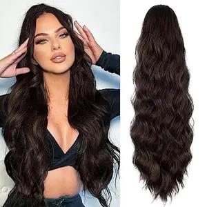 HMD Synthetic Fiber Ponytail Extension Hair, 26-Inch Loose Waves Fluffy Curls Drawstring Hair Extensions for Women's Daily Use, Dark Brown Fluffy Hairpiece [Flash Sale]