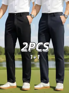 2-pieces Men's Elegant Golf Pants Set, Athletic Style Activewear, Casual Sportswear Long Pants with 4 Pockets, Comfortable Polyester Spandex Fabric, All Seasons Outdoor Wear