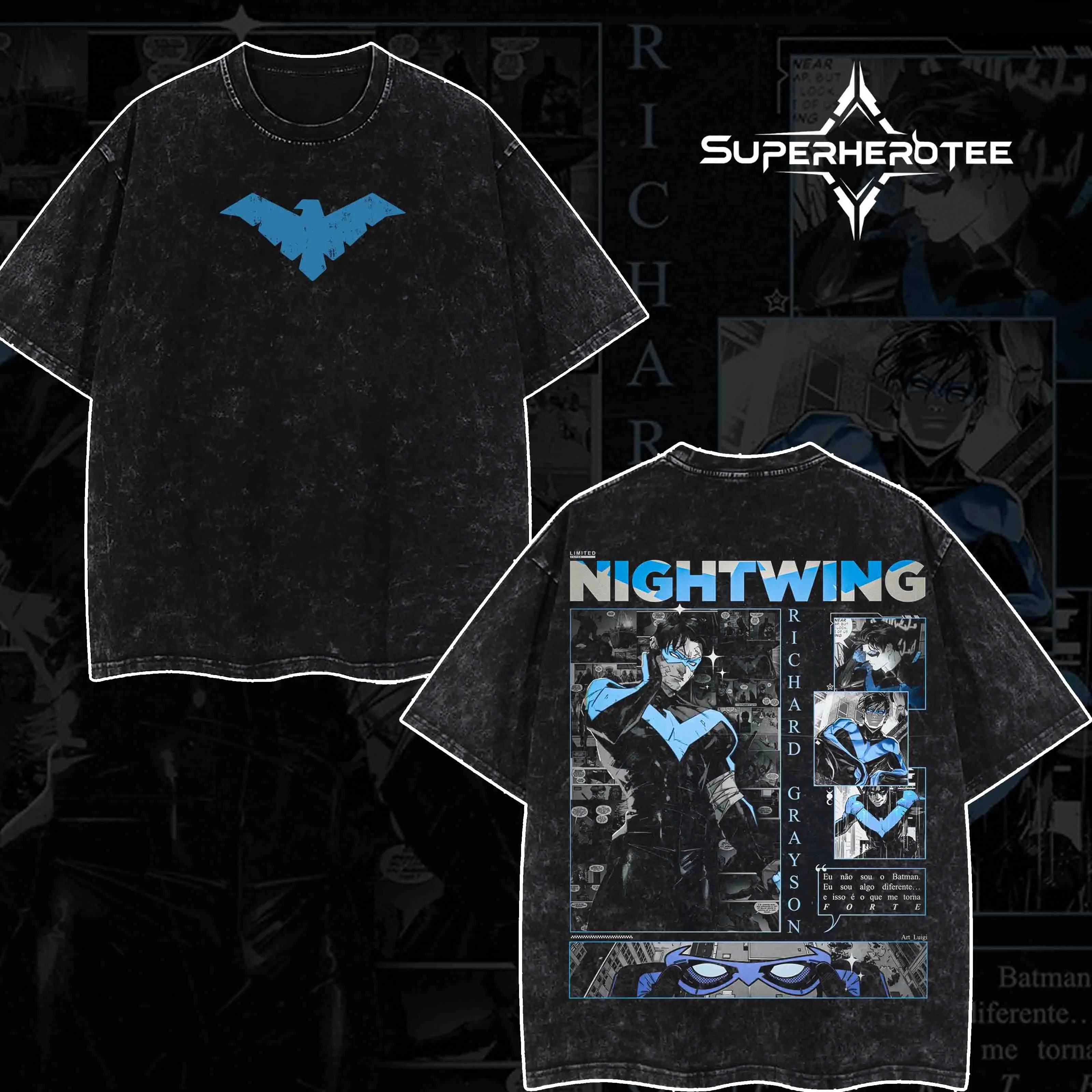 [Superhero Tee] Wash Dick Grayson Nightwing (Robin #1) New 2026 Hero Verse Comic Double Printed Oversize Lightweight Acid Washed Tee Hoodie TV Series Graphic Design Unisex Top Cotton Streetwear T-Shirt Hoodie Sweater Clothes Menswear.