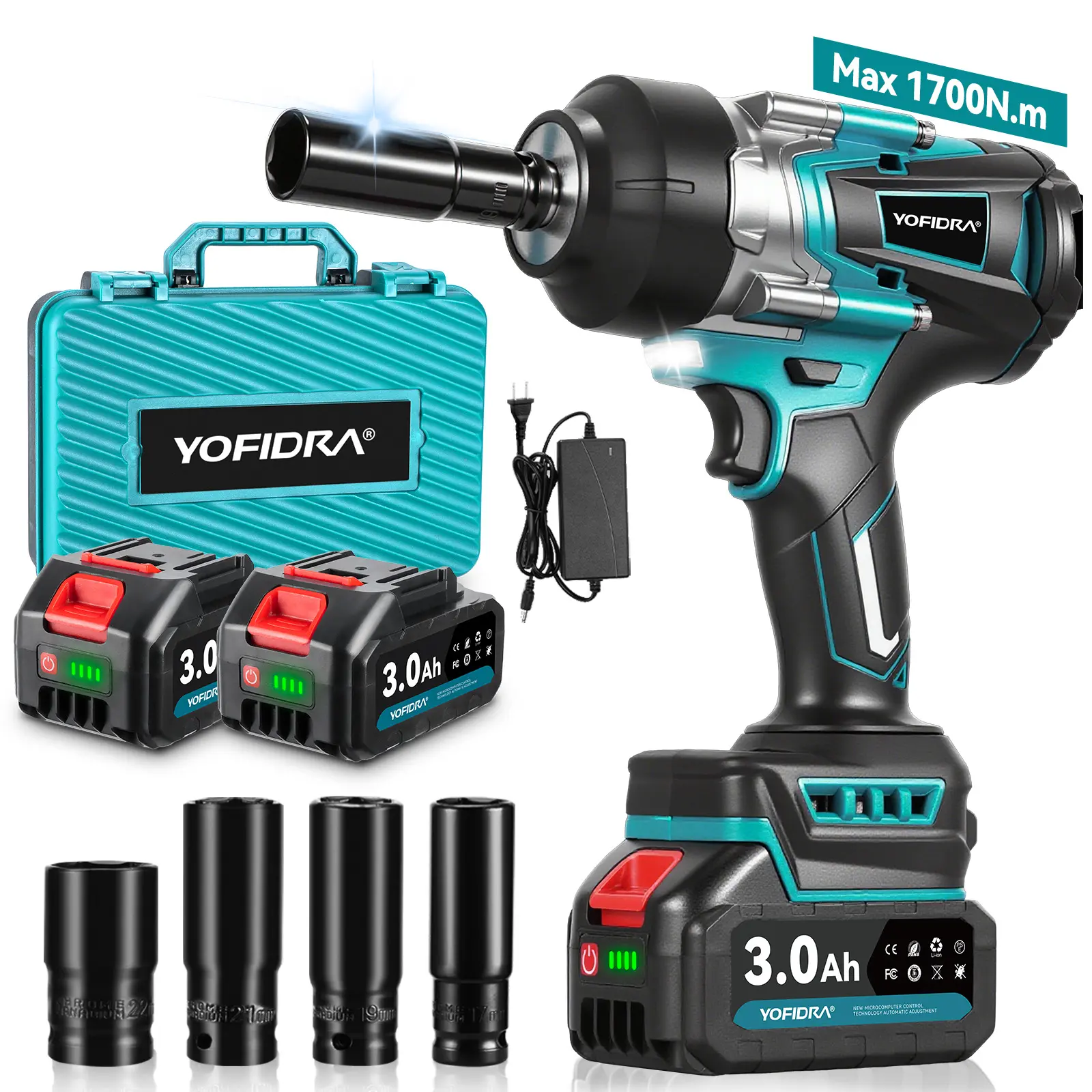 YOFIDRA 1/2" Drive Cordless Brushless Impact Wrench, 1700Nm Heavy Duty Brushless Impact Drill Kit for Mechanics, 3-Speed Electric Wrench with 2×3.0Ah Batteries, Fast Charger, 17/19/21/22mm Standard Sockets, LED Light, Makita 18V Battery Compatible