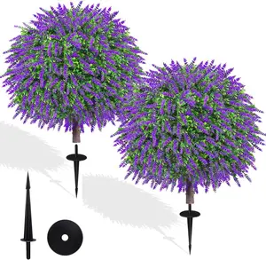 Artificial lavender spherical tree, 2-piece set of fake shrubs with thorns, anti-ultraviolet fake evergreen tree, used for outdoor garden decoration on front porch.