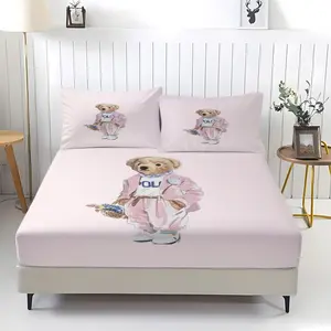 Fresh teddy bear printed pattern bed sheet, comfortable printed pattern, including 1 bed sheet and 2 pillowcases, comfortable bedding, anti slip dust cover suitable for bedrooms and guest rooms, suitable for children or adults as gifts