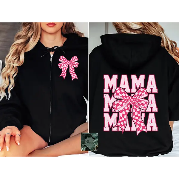 Pink Checkered Mama Bow Zip Hoodie Black or Sport Grey
