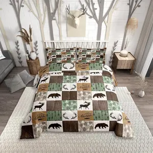 Feelyou Rustic Patchwork Breathable Duvet Set - Decorative Bedding Set with Bear, Moose, Deer, Christmas Arrows & Buffalo Plaid, Farmhouse Hunting Themed for Adults