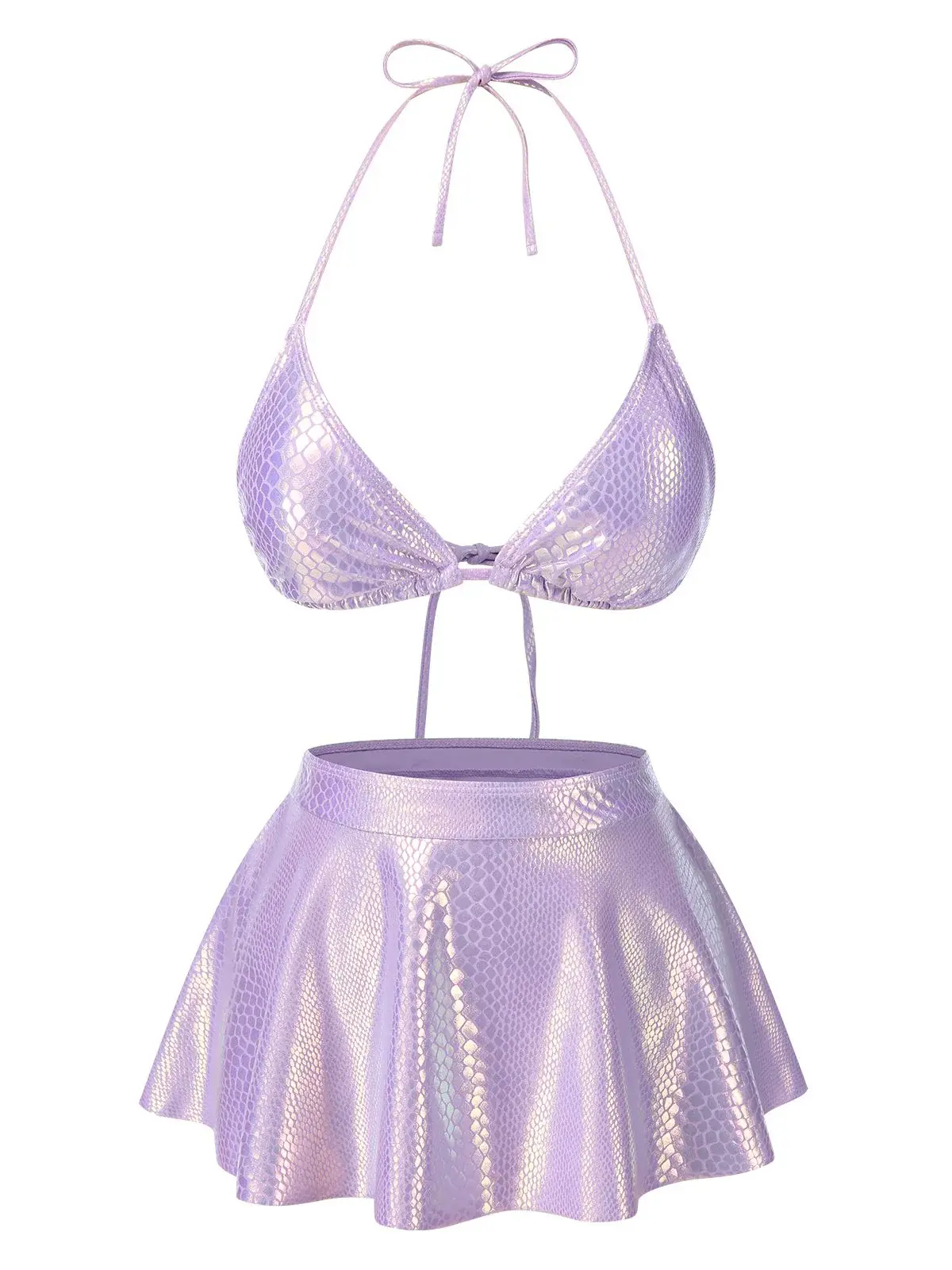 RETRO STAGE Women's 1970s Lavender Polyester Metallic Snake-Fish Scale 2-Piece High-Rise Waist Bikini Set, Medium-Stretch Figure-Flattering Surfing Swimwear, Stylish Swimsuit, Women's Swimsuits