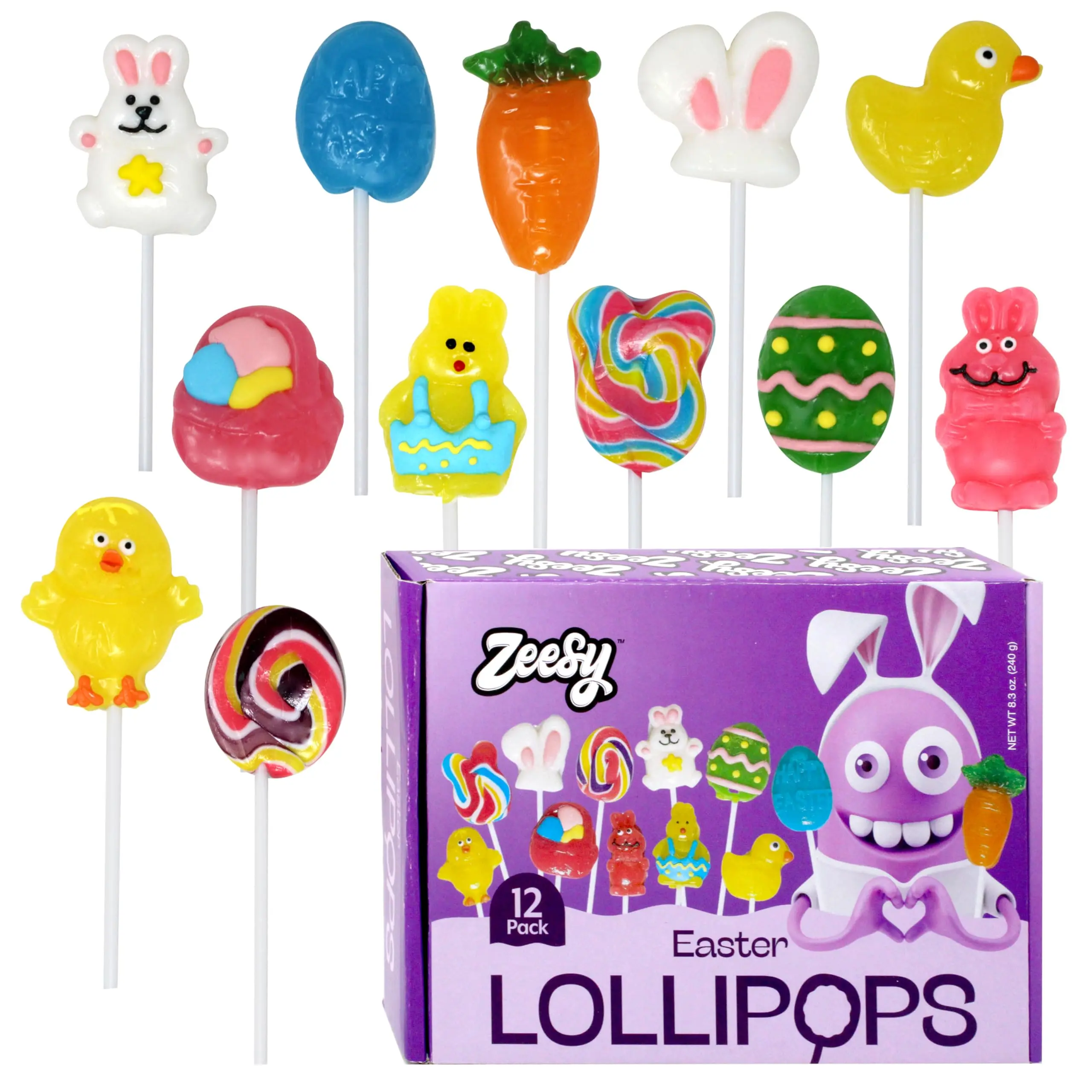 Zeesy Easter Lollipops - 12 Pack Individually Wrapped Tasty Sweet Candies, Snack for Kids Basket Fillers, Party Favors