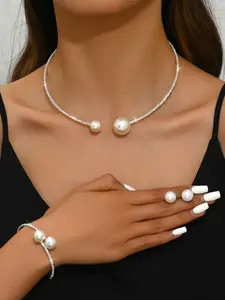 Trendy Bridal Complete Elegant Jewelry Set - Faux Pearl Rhinestone Collar Necklace Earrings | Perfect for Brides｜Sparkling Bridal Faux Pearl & Rhinestone Set - Adjustable Collar Jewelry for Wedding/Bridal Shower/Engagement Wedding Sets