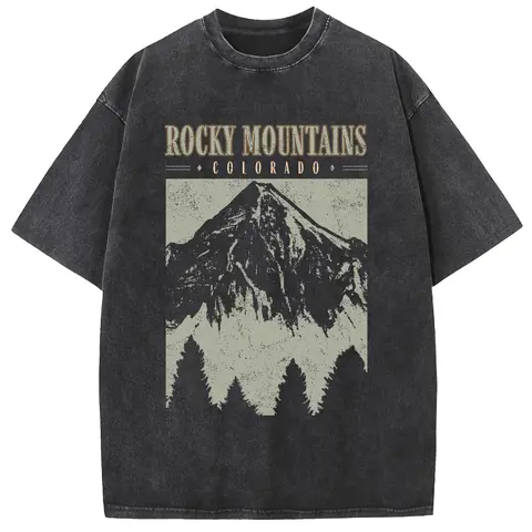 Women's Oversized Acid Washed Vintage Graphic T-Shirt - Short Sleeve, Round Neck, Heavyweight Cotton, Stylish Everyday Casual Streetwear, Standout Letter Graphic, Mountain Print, Washed Out Women's T-Shirt, Shortsleeve, 2Xl
