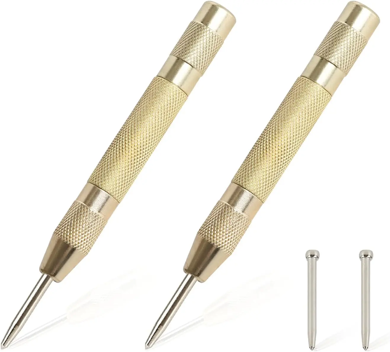 2 count Automatic Center Punch,5'' Spring Loaded Center Punch, Heavy Duty Steel Adjustable Center Marker Punch Tool with 2 count Extra Replacement Tip for Metal,Plastic,,Glass by