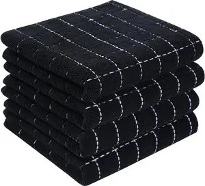 Homaxy 100% Cotton Terry Kitchen Towels(Black, 13 X 28 Inches), Checkered Designed, Soft and Super Absorbent Dish Towels, 4 Pack