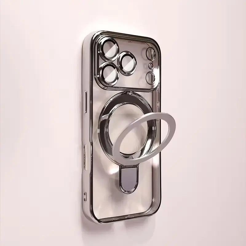 Electroplated transparent Metallic pivot bracket shockproof ultra-thin protective phone case casing, Smartphone Accessories, Mobile Phone Accessory, suitable for iPhone 17 ProMax, 17Air, 16,15,14,13,12,11 Pro Max, Plus with lens protection, Cover